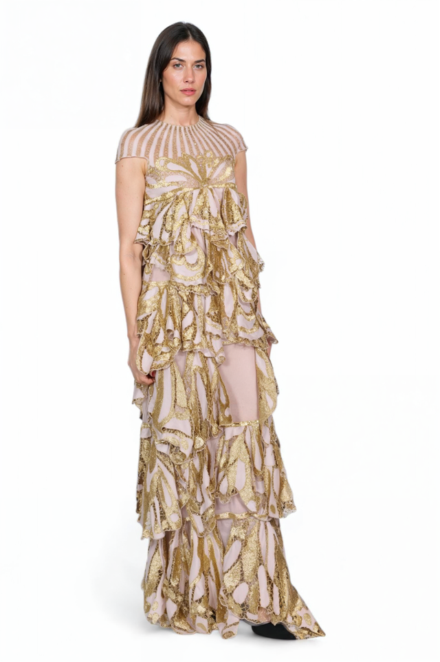 Valentino Embellished Gold Ruffle Gown