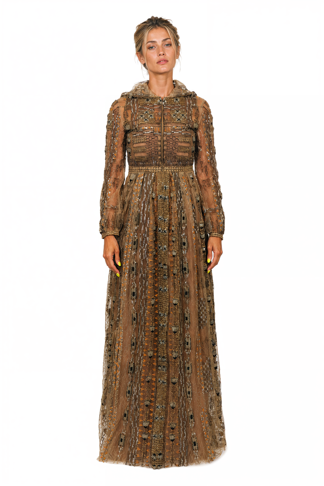 Valentino Embellished Long-Sleeve Gown in Gold