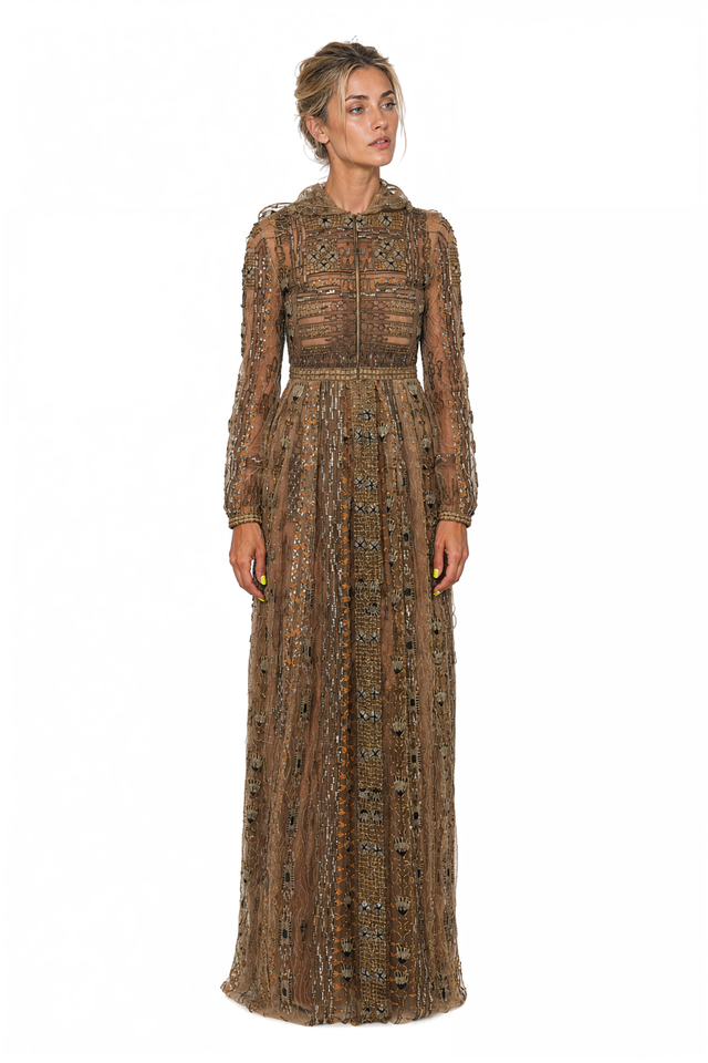 Valentino Embellished Long-Sleeve Gown in Gold