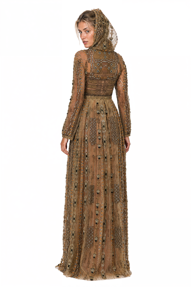 Valentino Embellished Long-Sleeve Gown in Gold