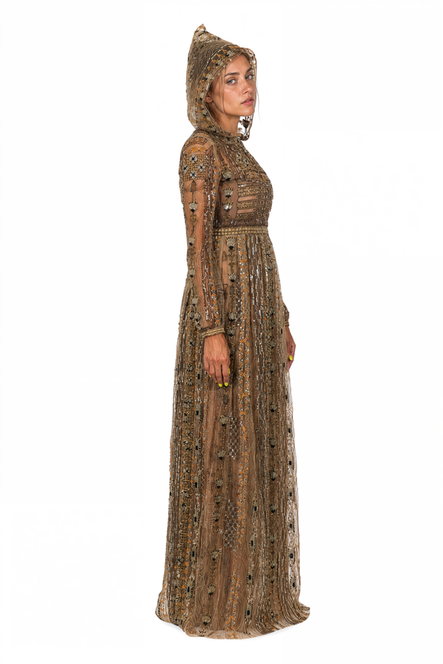 Valentino Embellished Long-Sleeve Gown in Gold