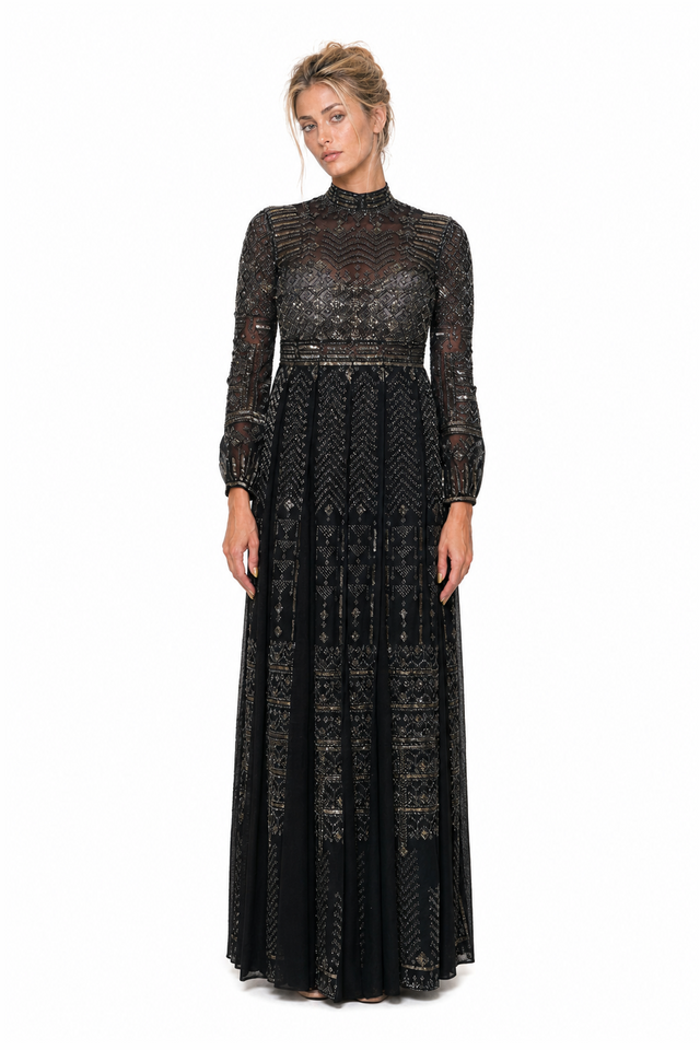 Valentino Metallic Beaded Geometric Mock-Neck Long-Sleeve Tulle Evening Gown in Black & Gold