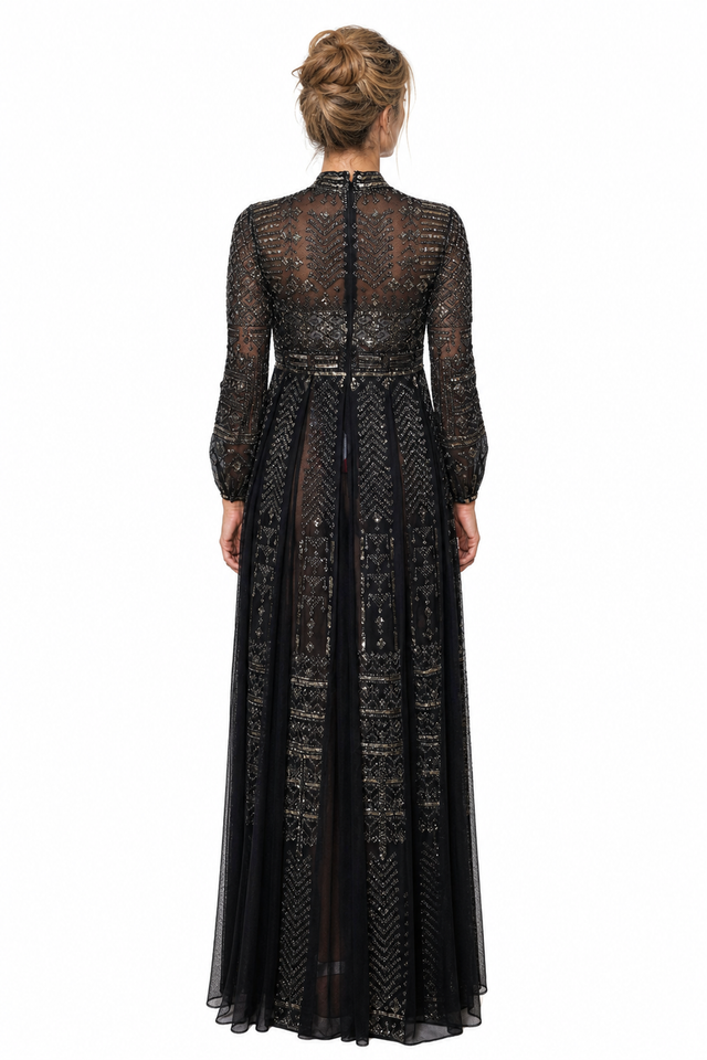 Valentino Metallic Beaded Geometric Mock-Neck Long-Sleeve Tulle Evening Gown in Black & Gold