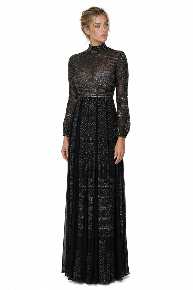 Valentino Metallic Beaded Geometric Mock-Neck Long-Sleeve Tulle Evening Gown in Black & Gold