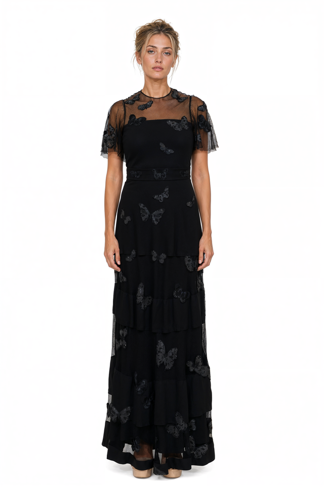 Valentino Butterfly Appliqué Tulle Tiered Maxi Dress in Black