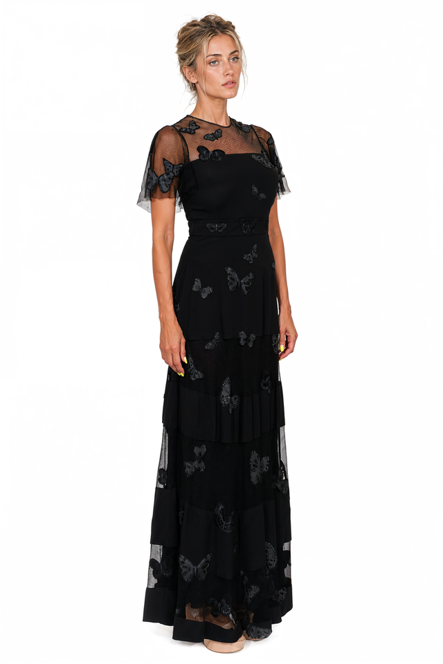 Valentino Butterfly Appliqué Tulle Tiered Maxi Dress in Black