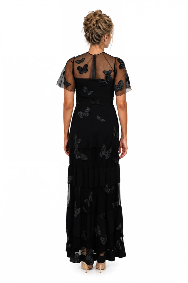 Valentino Butterfly Appliqué Tulle Tiered Maxi Dress in Black