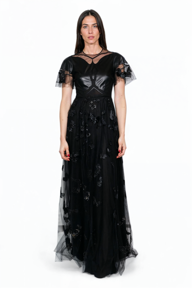 Valentino Black Leather and Tulle Butterfly Gown