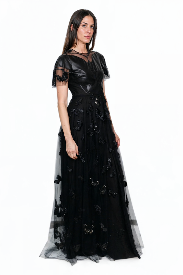 Valentino Black Leather and Tulle Butterfly Gown