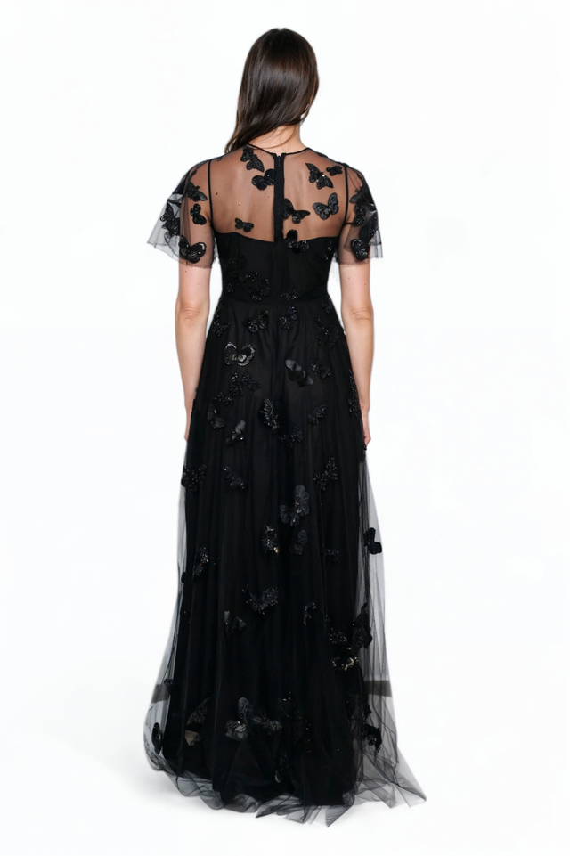 Valentino Black Leather and Tulle Butterfly Gown