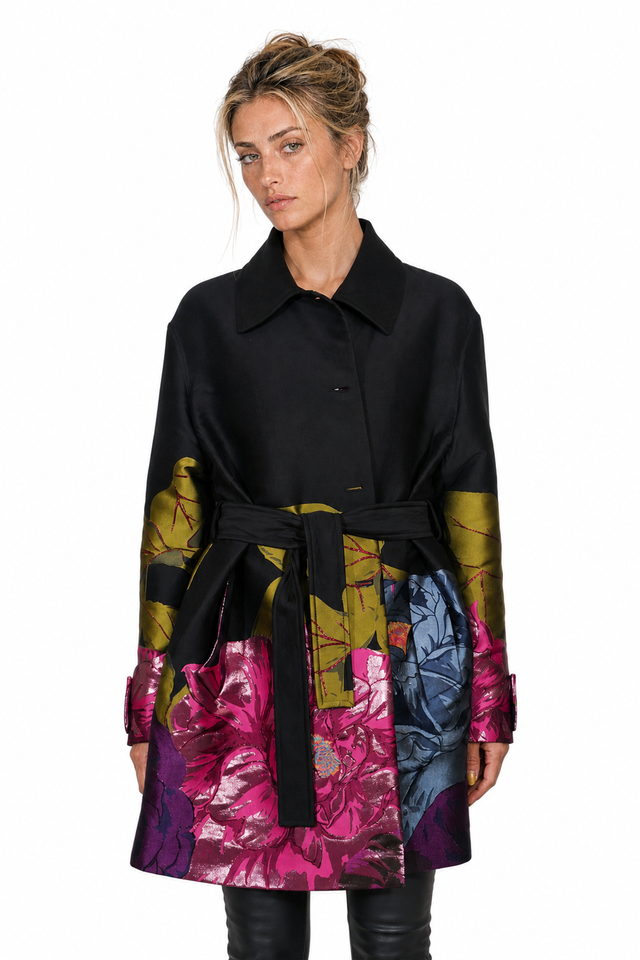 Valentino Floral Metallic Jacquard Belted Trench Coat in Black Multi