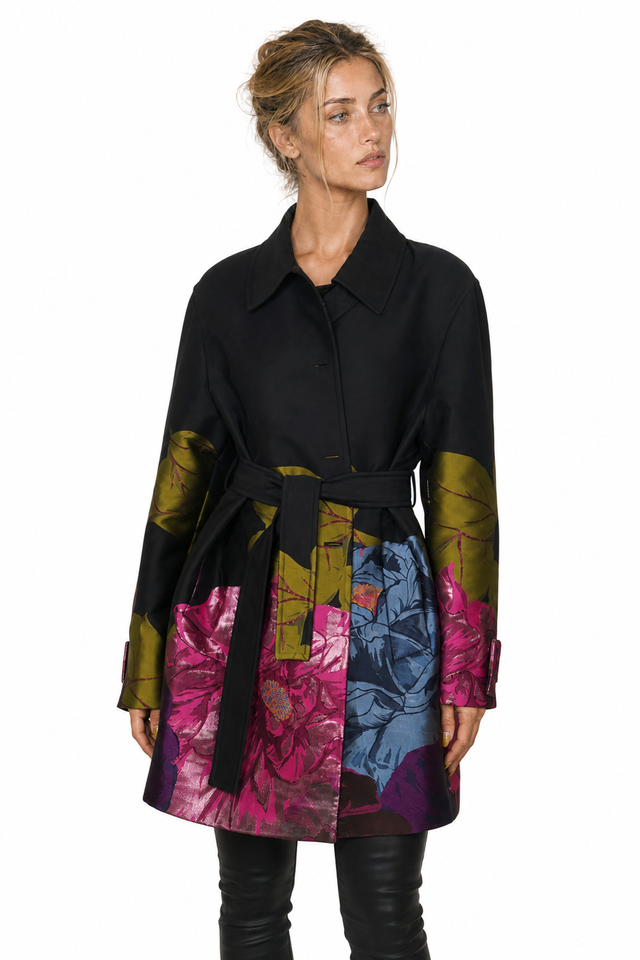 Valentino Floral Metallic Jacquard Belted Trench Coat in Black Multi