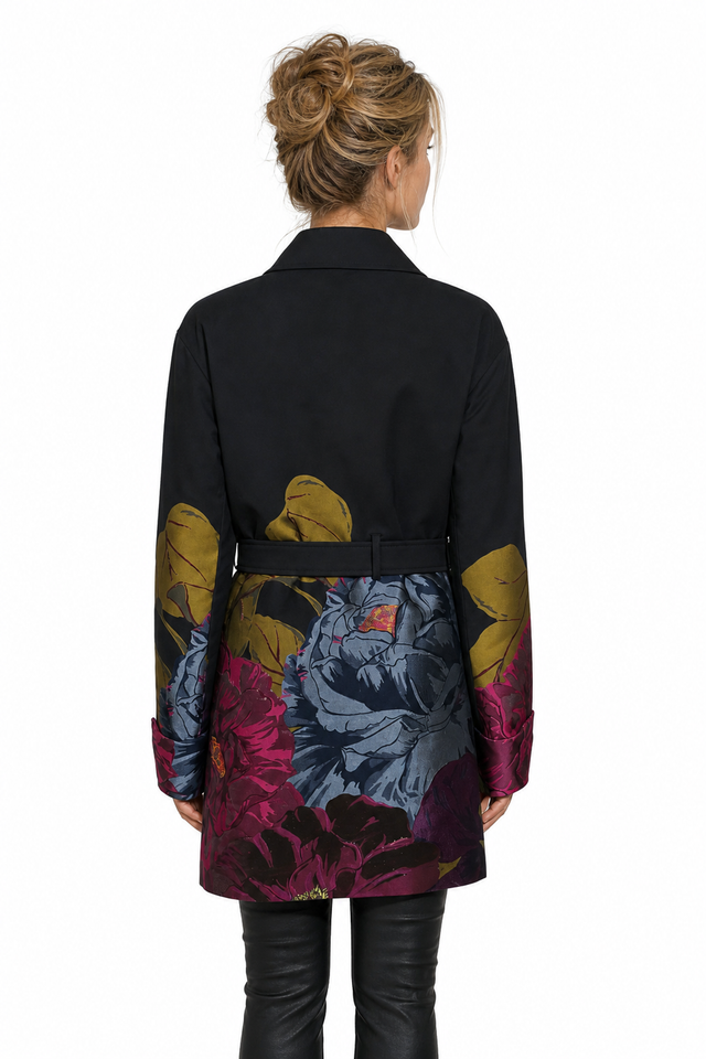 Valentino Floral Metallic Jacquard Belted Trench Coat in Black Multi