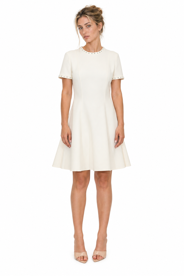 Valentino Rockstud Trim Short-Sleeve Flared Mini Dress