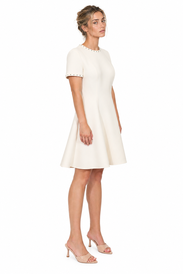 Valentino Rockstud Trim Short-Sleeve Flared Mini Dress