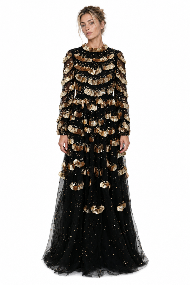 Valentino Black and Gold Sequin Tiered Gown
