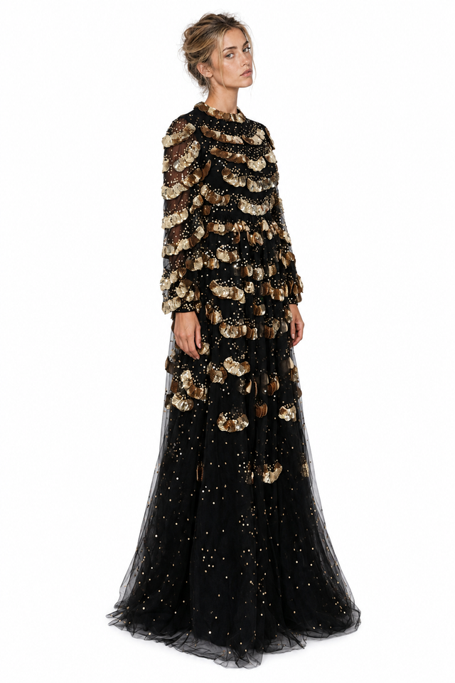 Valentino Black and Gold Sequin Tiered Gown