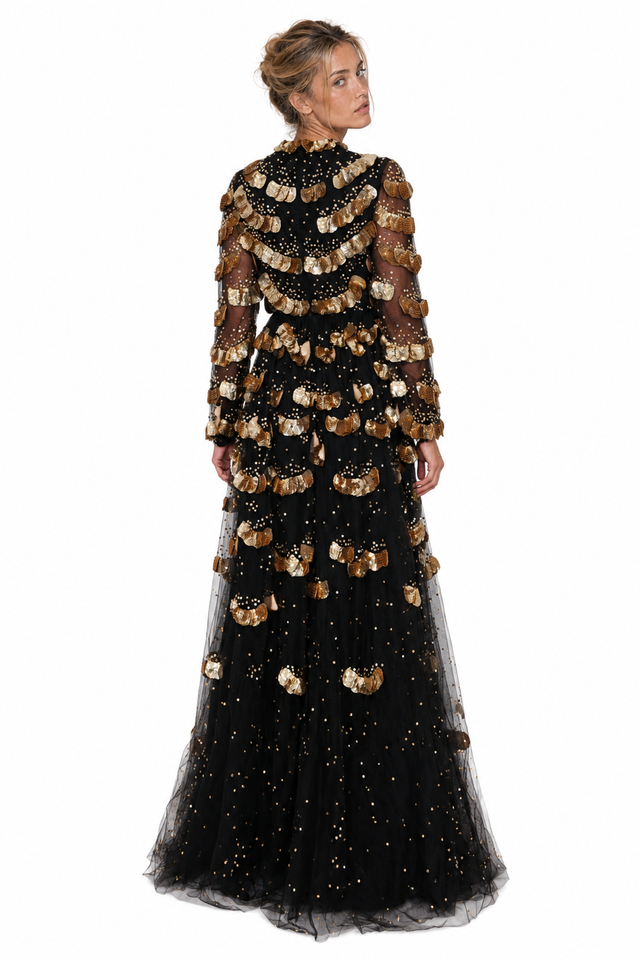 Valentino Black and Gold Sequin Tiered Gown