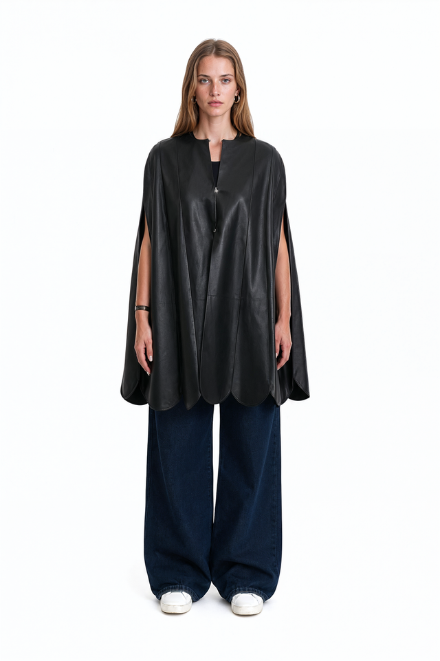 Valentino black leather cape with scalloped hem – front view