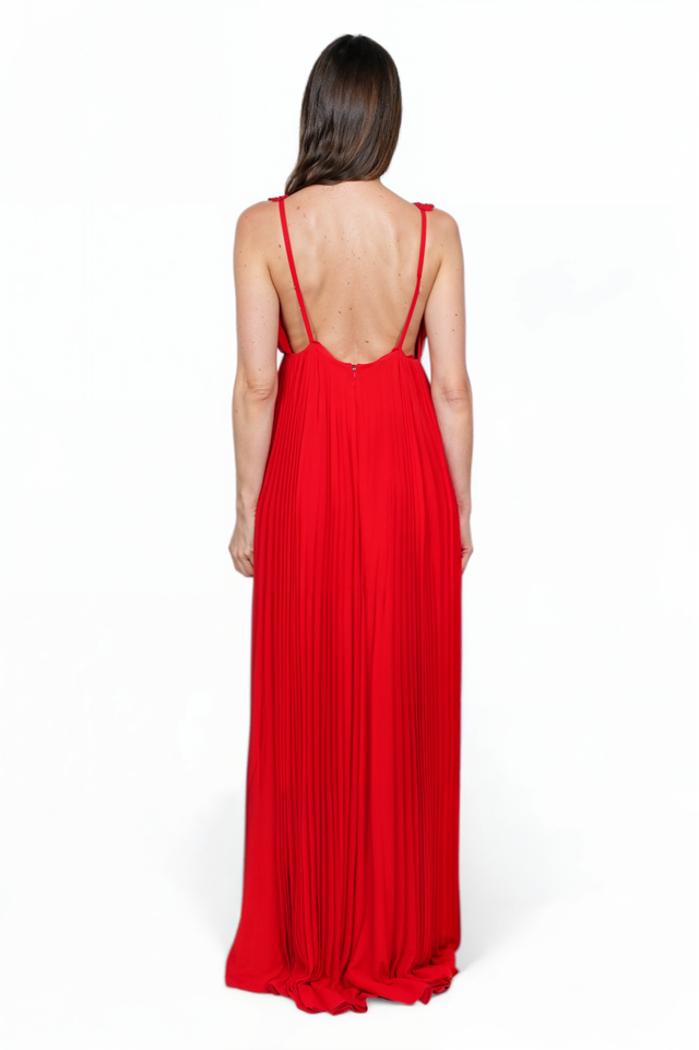 Valentino Red Pleated Gown with Deep V-Neckline