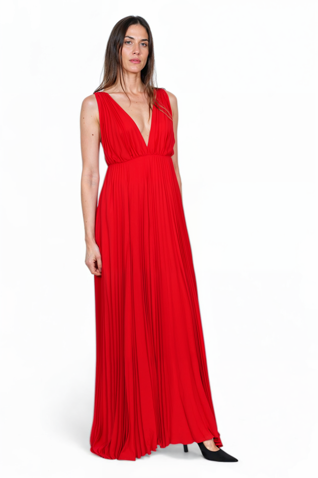 Valentino Red Pleated Gown with Deep V-Neckline