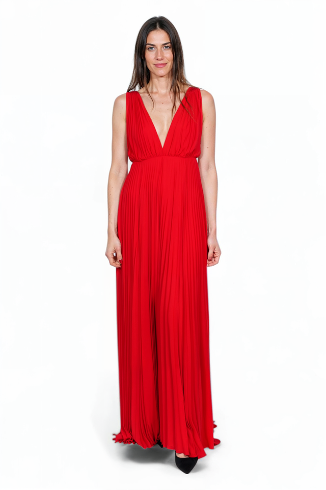 Valentino Red Pleated Gown with Deep V-Neckline