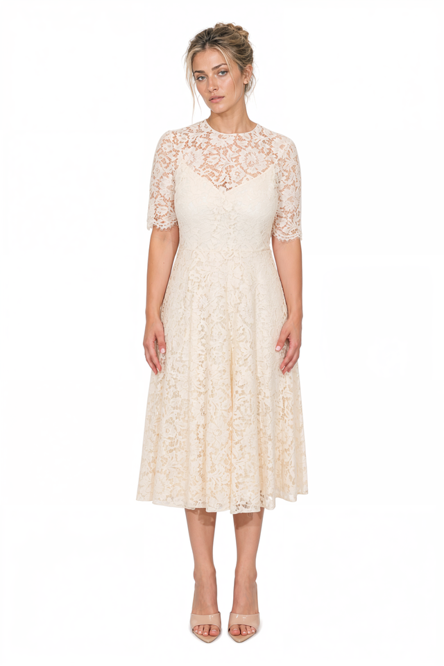 Valentino Short-Sleeve Floral Lace Midi Dress in Ivory