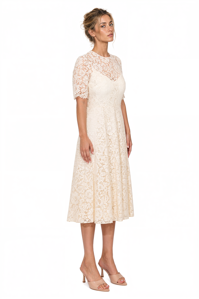 Valentino Short-Sleeve Floral Lace Midi Dress in Ivory