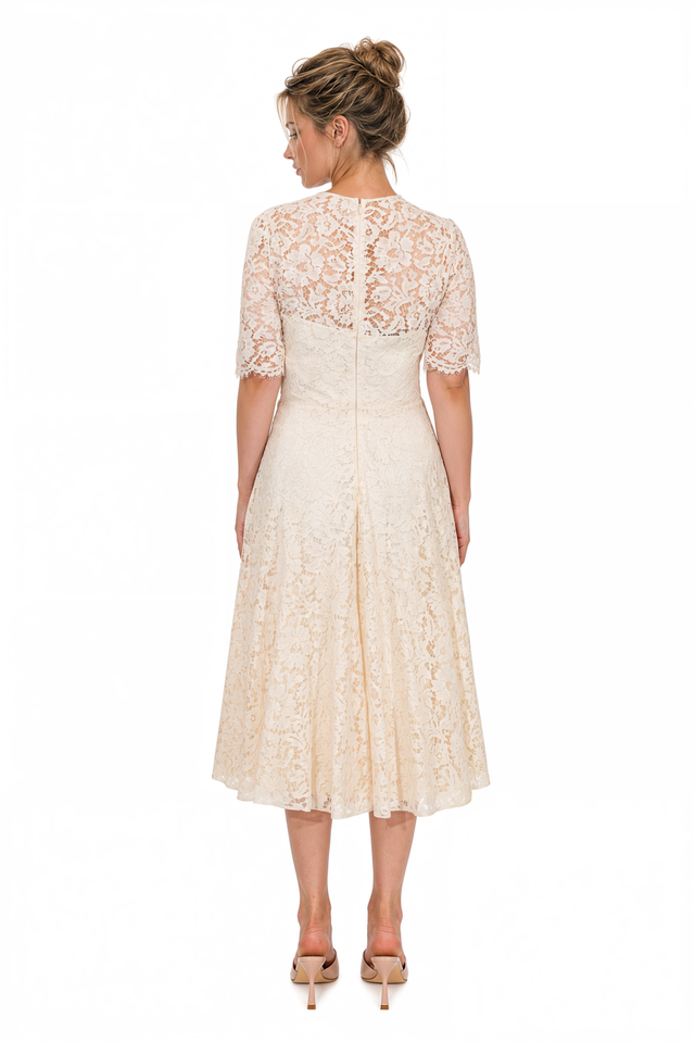 Valentino Short-Sleeve Floral Lace Midi Dress in Ivory