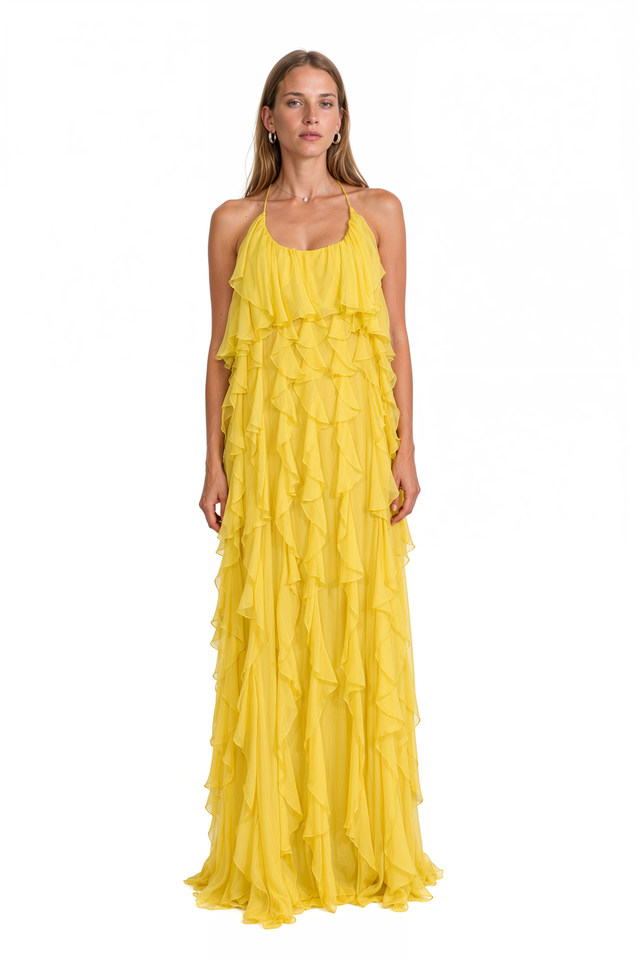 Valentino yellow chiffon gown with cascading ruffle tiers and halter neckline – front view