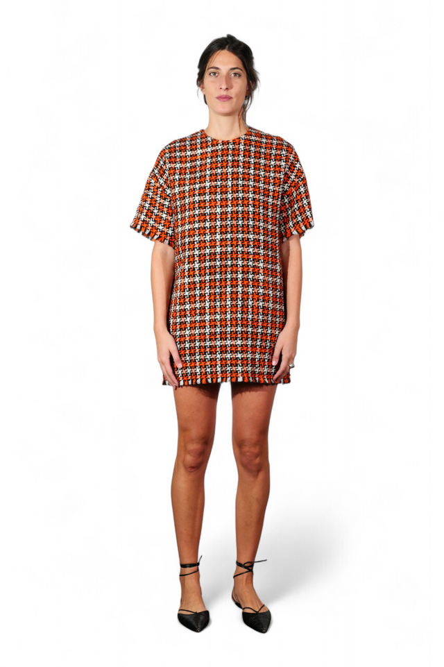Valentino Metallic Tweed Short-Sleeve Blouse — Orange & Silver