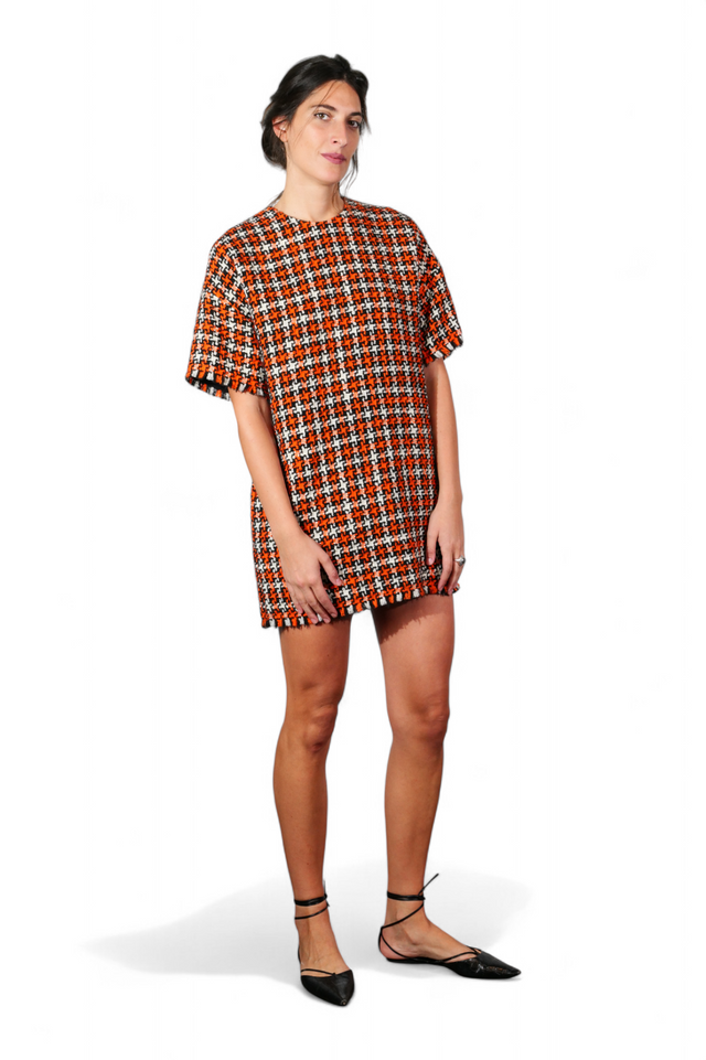 Valentino Metallic Tweed Short-Sleeve Blouse — Orange & Silver