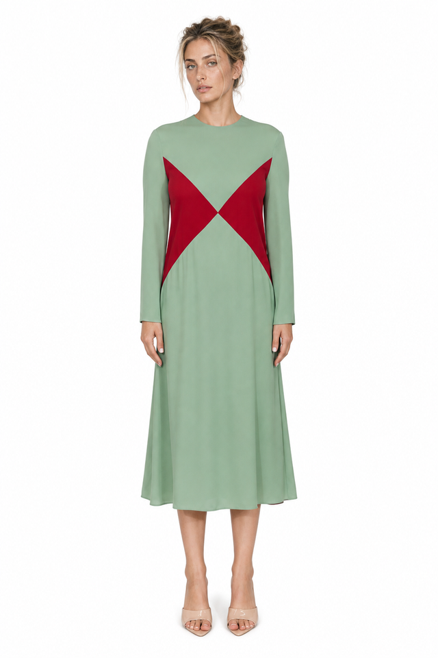 Valentino Garavani Colorblock Geometric Long-Sleeve Midi Dress