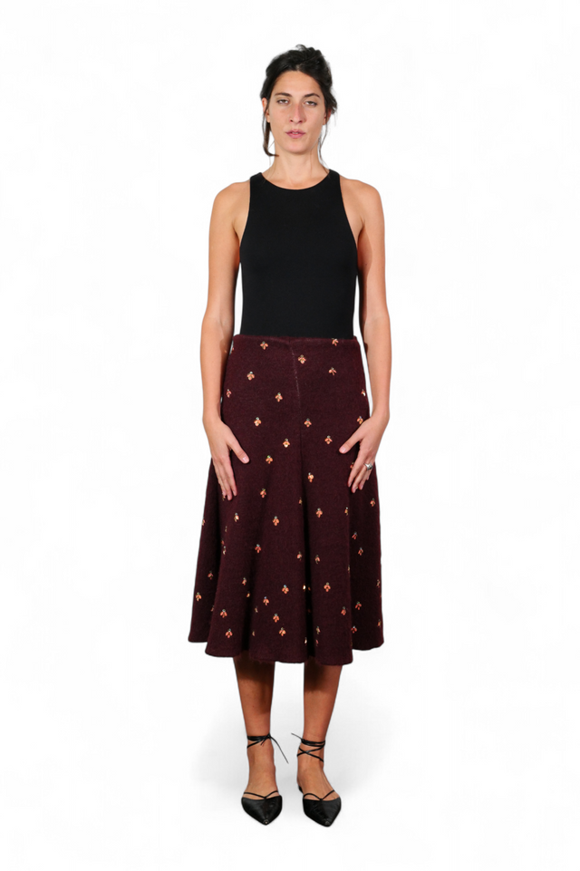 Valentino Embellished A-Line Skirt — Burgundy with Gold Detail