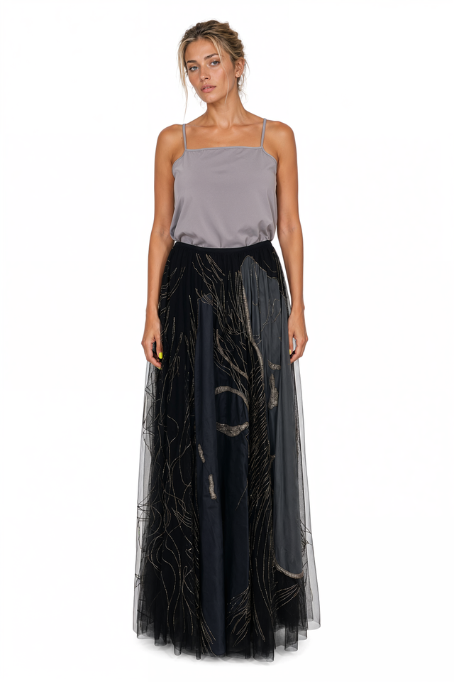 Valentino Metallic Embellished Tulle Maxi Skirt in Black