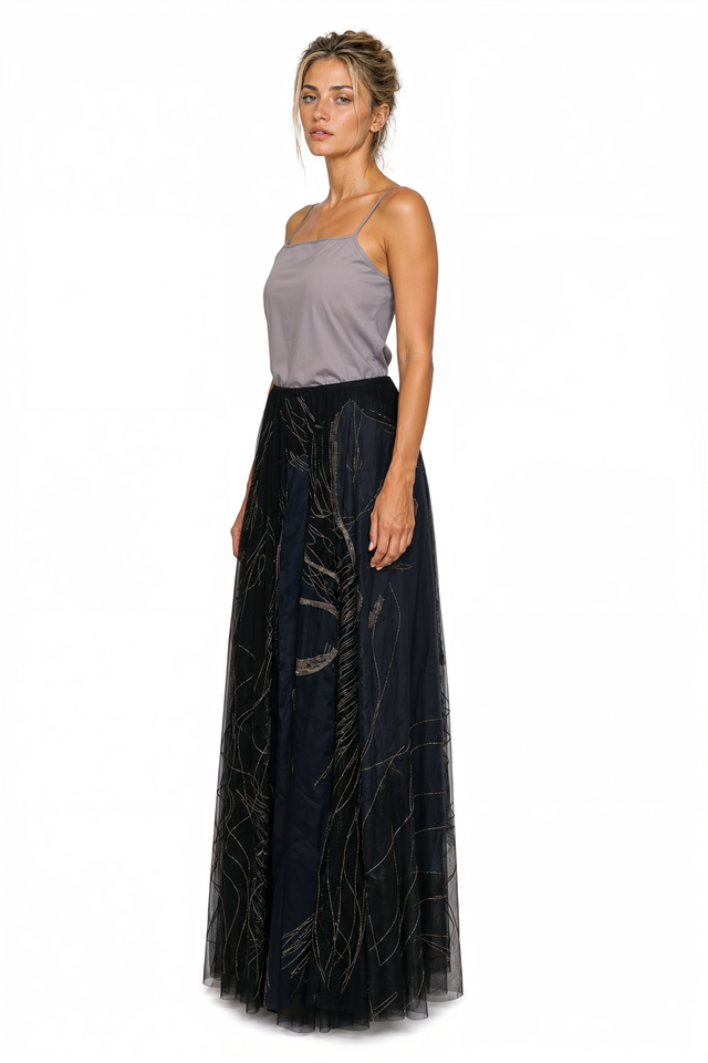 Valentino Metallic Embellished Tulle Maxi Skirt in Black