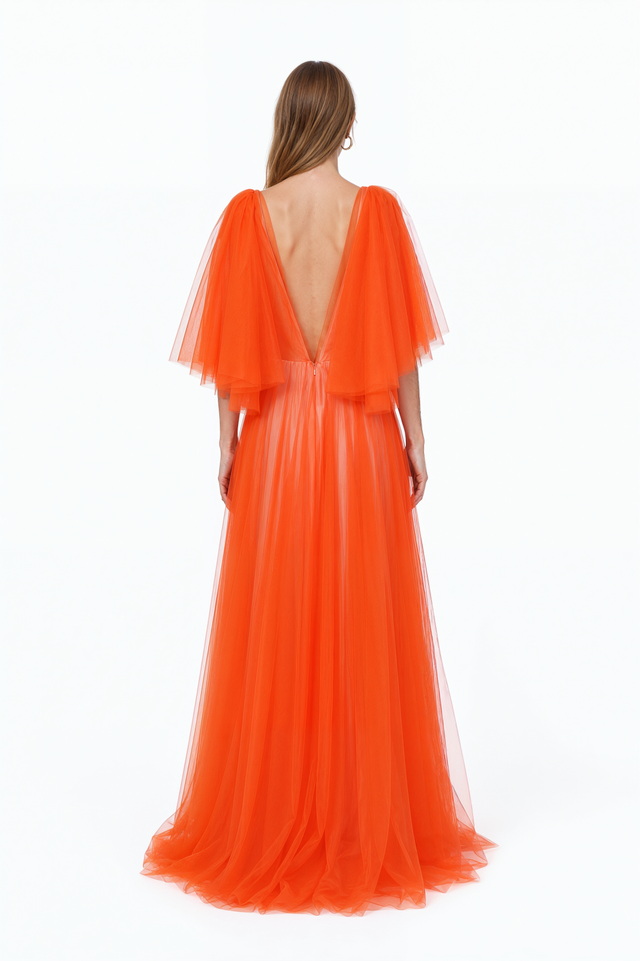 Back view of a Valentino orange pleated tulle gown with flutter sleeves