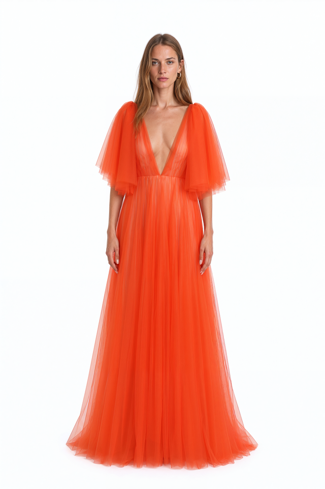 Valentino orange pleated tulle gown with deep plunging V-neckline and flutter sleeves – front view
