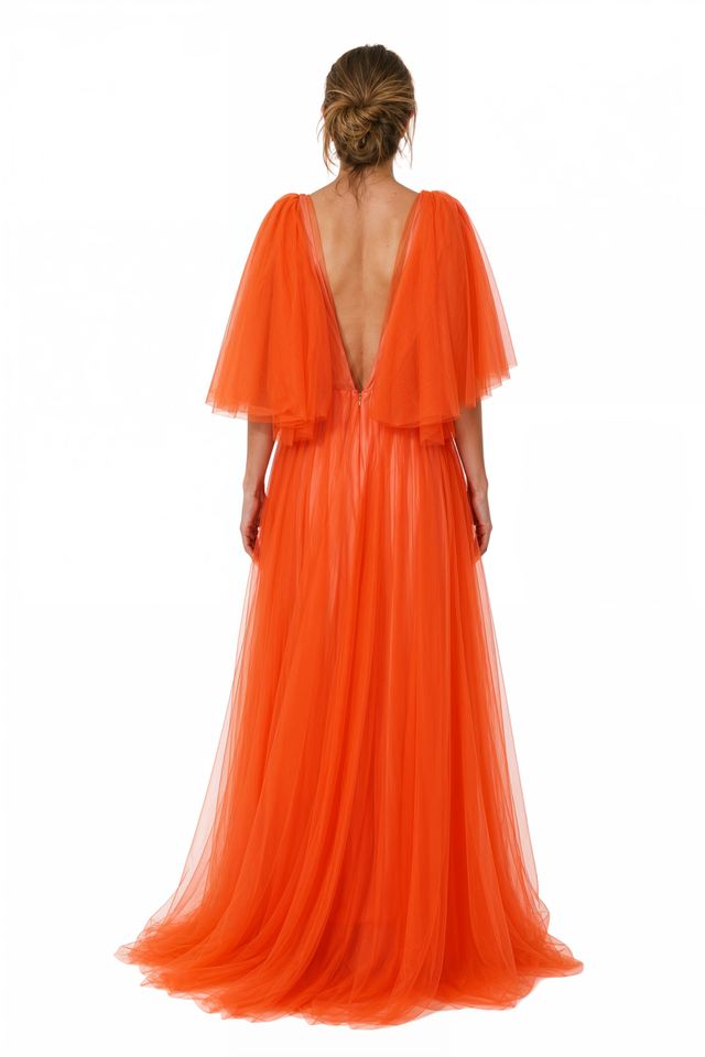 Valentino Plunge Neck Pleated Tulle Gown – Flutter Sleeve Maxi Dress