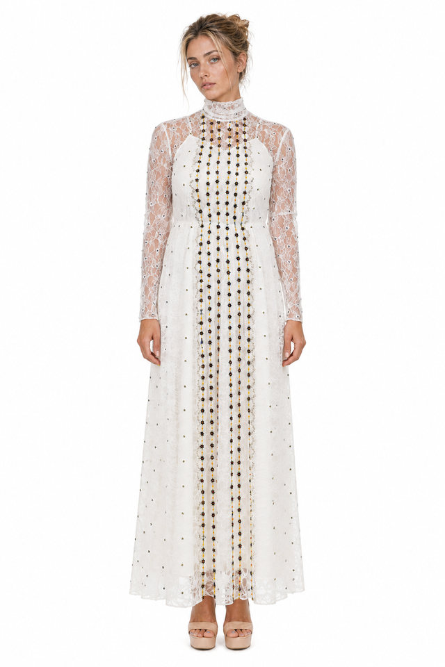 Valentino High-Neck Embellished Lace Gown
