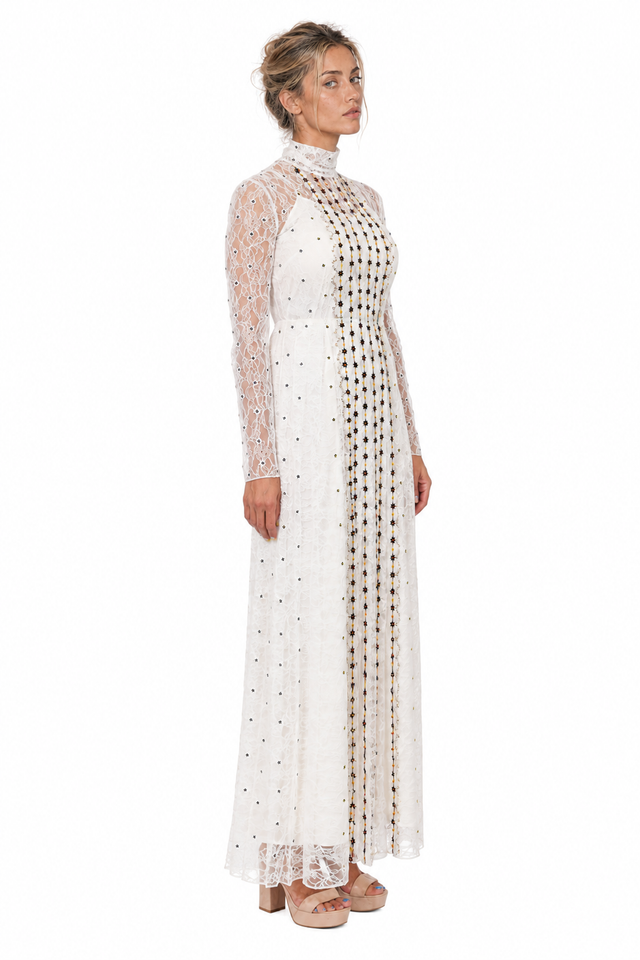 Valentino High-Neck Embellished Lace Gown