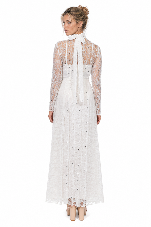 Valentino High-Neck Embellished Lace Gown