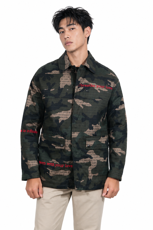 Valentino Men's Camouflage Embroidered Poetry Field Jacket in Olive Green
