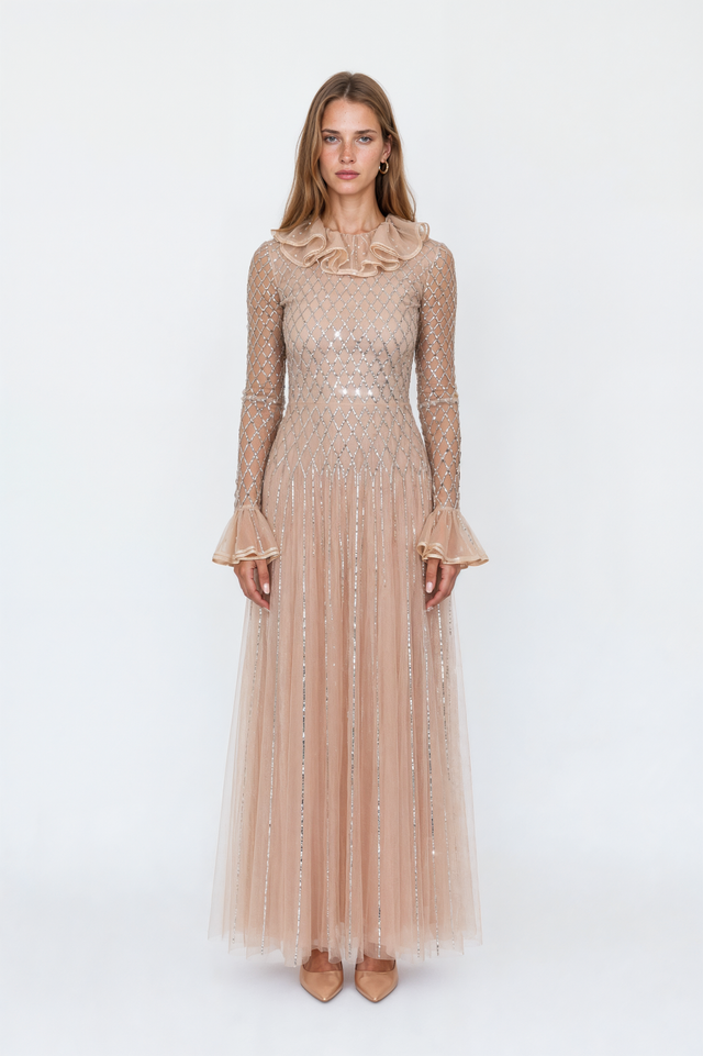 Valentino champagne tulle gown with silver crystal lattice beading and ruffled organza collar – front view