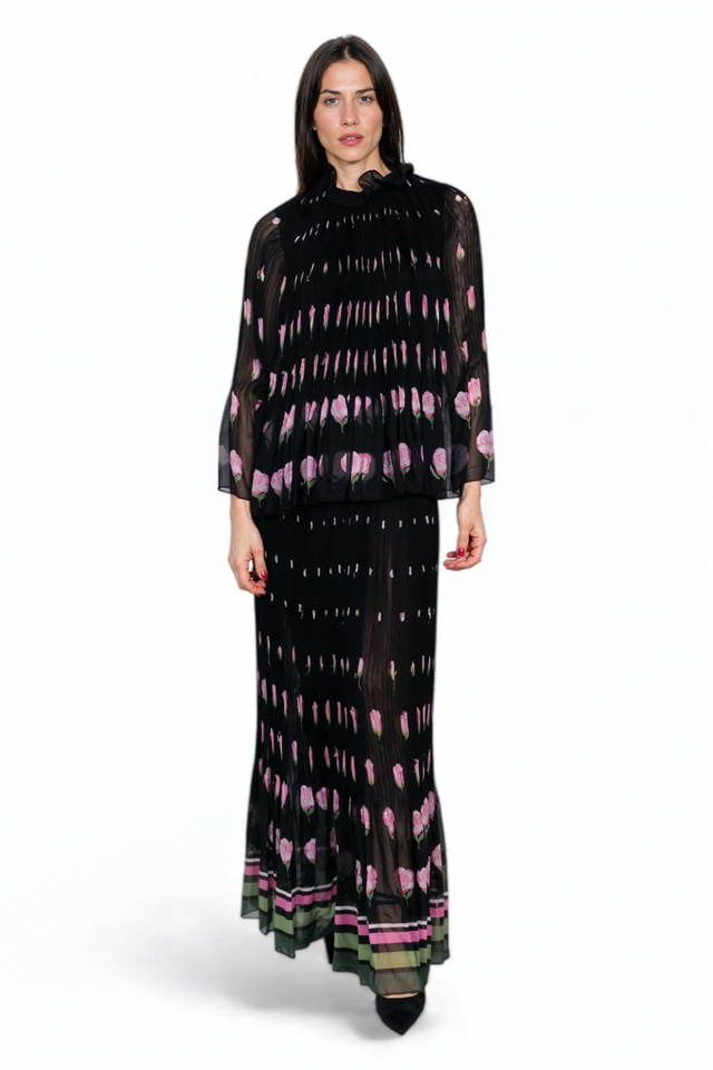 Valentino Black Floral Pleated Maxi Dress