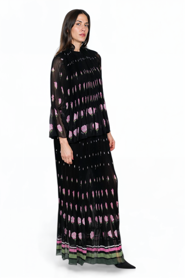 Valentino Black Floral Pleated Maxi Dress