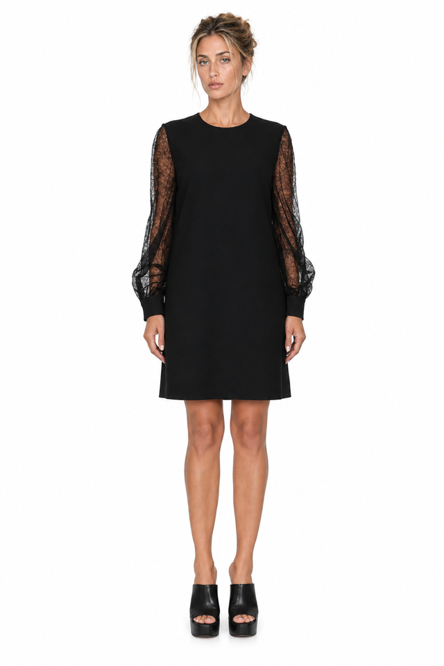 Valentino Chartreuse Mini Dress with Lace Sleeves