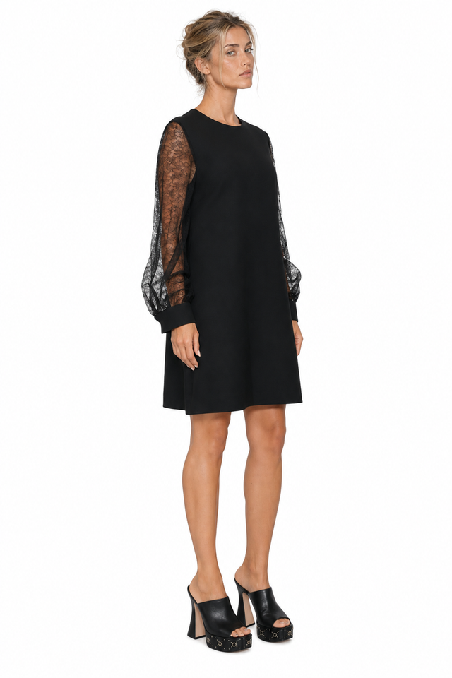 Valentino Chartreuse Mini Dress with Lace Sleeves