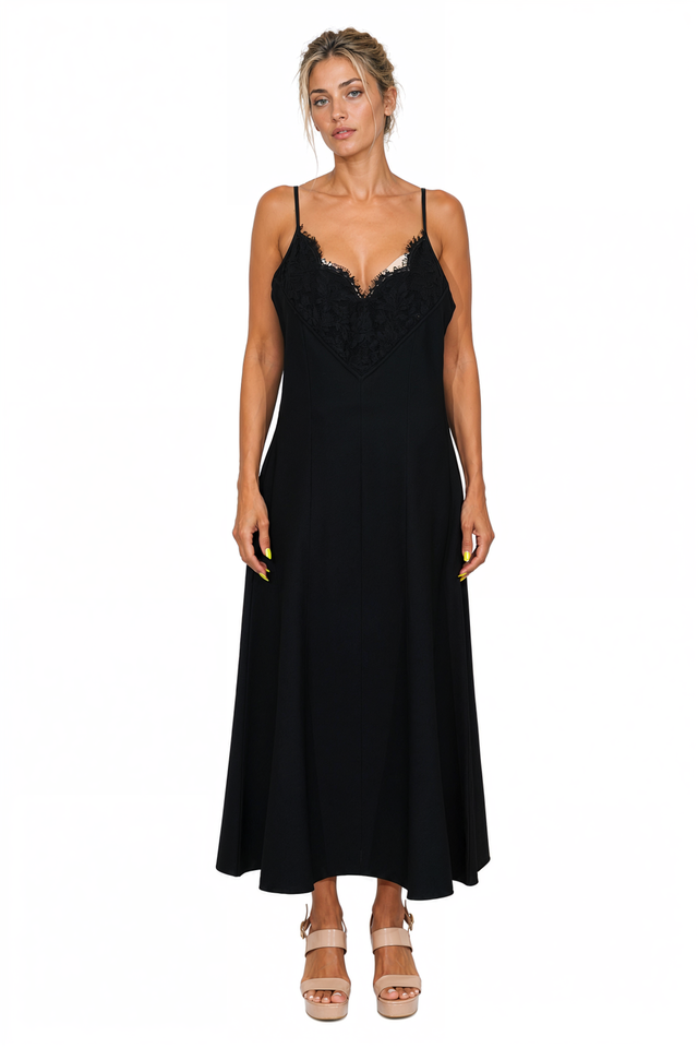 Valentino Lace-Trim Cami Midi Dress in Black