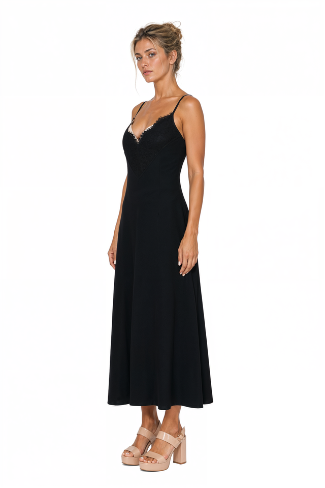 Valentino Lace-Trim Cami Midi Dress in Black